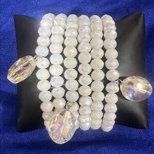 Faceted White Opalescent Stretch  Stack Bracelet with Iridescent Charms